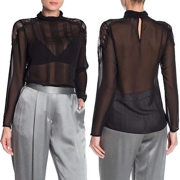 Reiss Lottia-Lace Black Long Sleeve Sheer Blouse S (4) - Picture 1 of 13